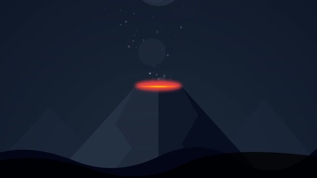Minimalist flat volcano erupting with glowing lava and floating embers, dark night landscape, geology and nature phenomena animation