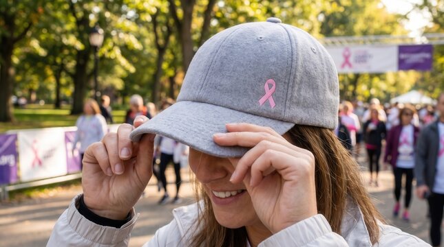 Woman wearing a grey baseball cap with a pink ribbon symbol at a breast cancer awareness charity walk