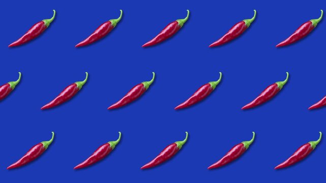 Hot red pepper, background of peppers on a blue background. 4K