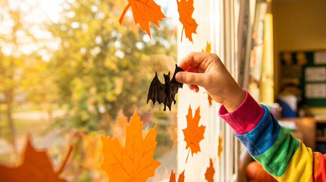 Child's Hand Placing a Decorative Bat on a Window Surrounded by Colorful Autumn Leaves, Celebrating Halloween and the Fall Season in a Warm Classroom Setting