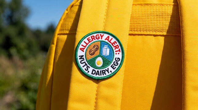 Allergy Alert Badge on Yellow Fabric, Signifying Dietary Restrictions for Nuts, Dairy, and Eggs, Promoting Safety and Awareness in Outdoor Activities.