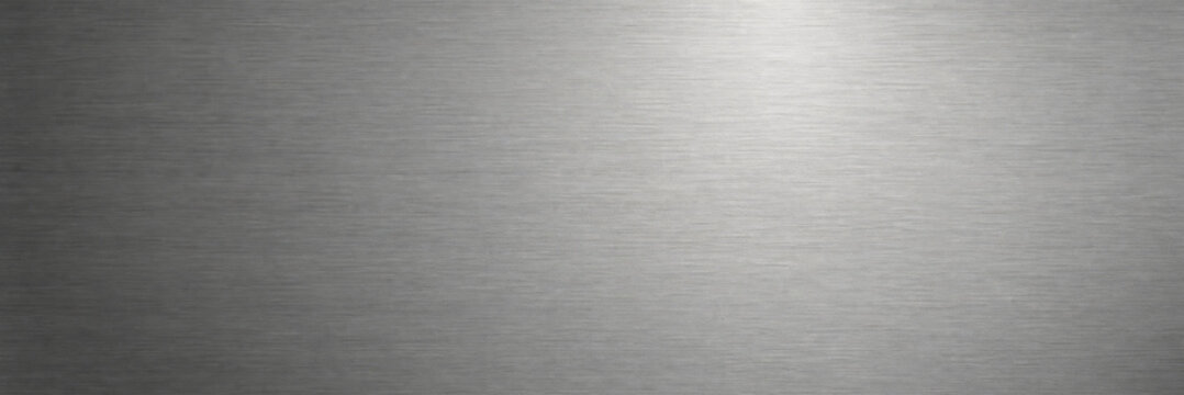 Brushed aluminum metal texture background, silver stainless steel surface with light reflection. Industrial metallic plate finish for tech design. Polished grey metal backdrop banner.
