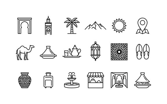 Marrakech Morocco Travel Set, line icon set featuring traditional arch, minaret, palm tree, Atlas mountain, desert sun, map pin, pottery, travel suitcase, covering Marrakech Morocco, tourism,