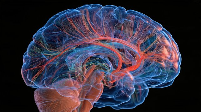 Antidepressant Death Awareness Month: medical illustration of the human brain with highlighted serotonin and dopamine pathways, precise anatomical linework