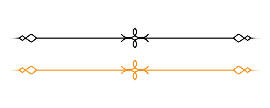 Black and orange decorative thin line dividers and text separators for design projects on transparent background.