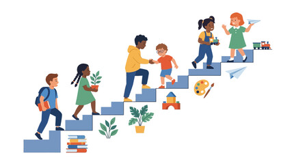 Fototapeta premium Diverse children climbing stairs symbolizing education, growth, and teamwork, isolated with art supplies and toys