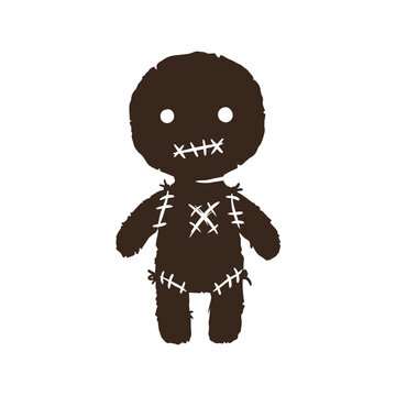 Torn rag doll figure standing upright against plain background with stitched figure resembling