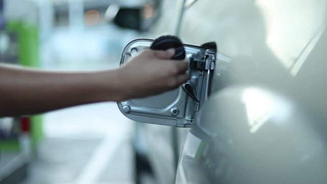 Male attendant is tightly securing the fuel cap after finishing the diesel refueling process at a modern and safe service station.
