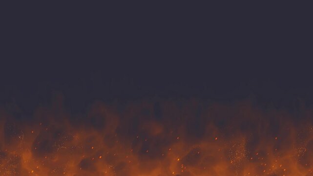 Orange flames rise from the bottom frame against a dark background with glowing sparks and ample copy space.