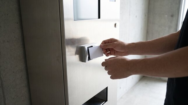 Person inserting a white plastic access card into a stainless steel electronic reader on a wall