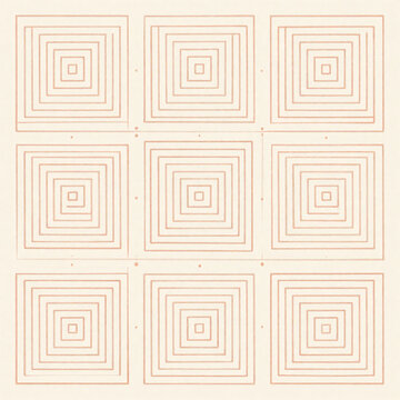 Labyrinth spiral square line abstract background with tiny corner dots and muted paprika cream spacing