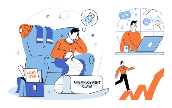Man filling out unemployment claim forms and searching for new work vector illustration. Economic crisis, job loss, career transition, financial struggle, remote work, professional growth. Person