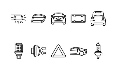 Obraz premium Rear Car Lighting, line icon set featuring rear brake light, taillight, car rear view, license plate frame, trunk, LED lamp, reverse light, reflector, sport car silhouette and automotive bulb,