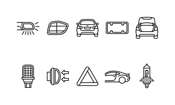 Rear Car Lighting, line icon set featuring rear brake light, taillight, car rear view, license plate frame, trunk, LED lamp, reverse light, reflector, sport car silhouette and automotive bulb,