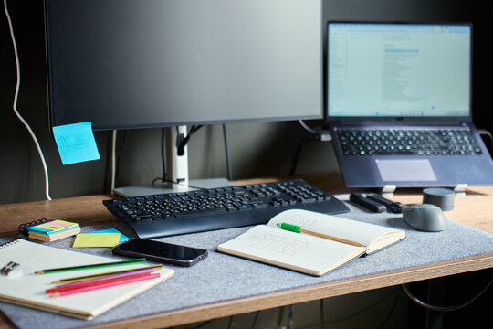 Home office desk with computer, notebook and stationery