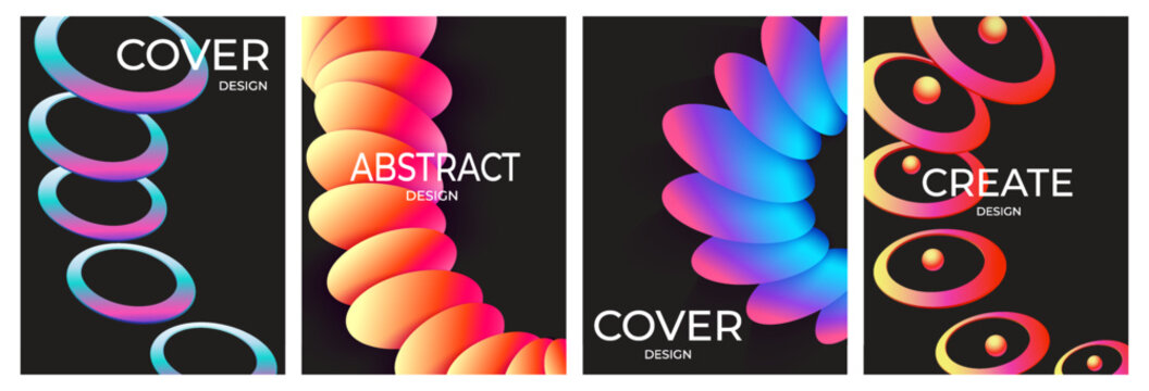 Covers with gradient stripes and circles set. Modern futuristic designs for brochures, social media, templates, banners, flyers. Vector illustration