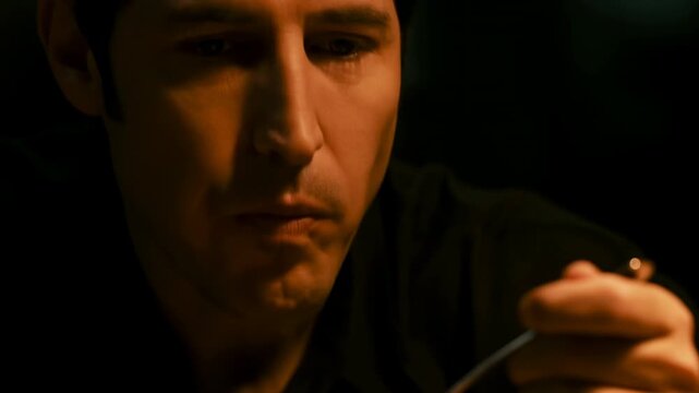 Adult man raises spoonful of food to his mouth, takes a bite, and chews in tight close-up under warm amber light against a dark background, with hand and spoon prominent in frame