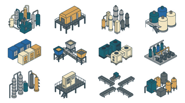Creative Isometric Illustrations of Industrial Equipment and Machinery in Vibrant Colors with high quality professional line art symbols for modern creative design and digital branding projects