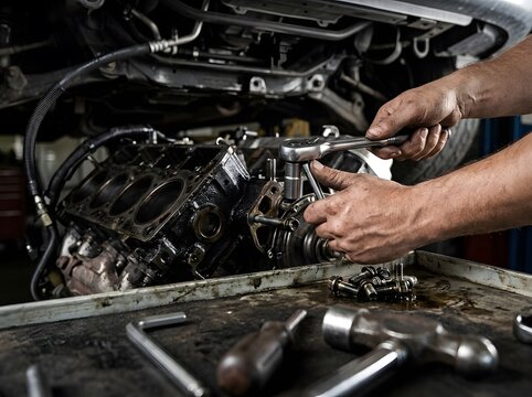 Mechanic hands using socket wrench to repair car engine block