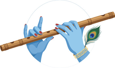 Lord Krishna Playing Flute with Peacock Feather for Janmashtami Hindu Festival Design © Victory