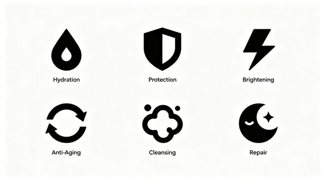Simple skin care efficacy symbol icon, which represents the concept of moisturizing, protection and anti-aging repair, is applicable to brand packaging and product manuals.
