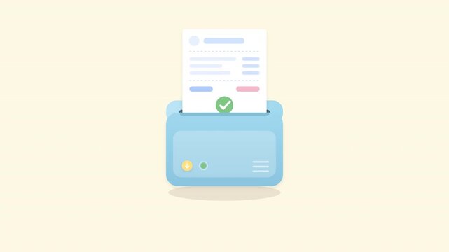 Digital billing receipt printer animation with checkmark status, financial invoice processing, payment confirmation, transaction success, flat