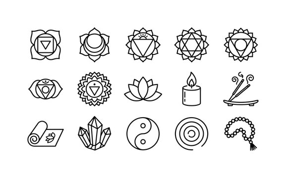 Chakra Meditation Symbols, line icon set featuring seven geometric chakra-style mandala symbols, lotus, meditation candle, incense holder, yoga mat, crystal, balance circle and energy spiral, covering
