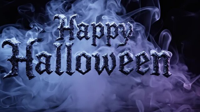 Happy Halloween text in a spooky gothic font surrounded by mystical blue and purple smoke on a dark background, creating an eerie atmosphere.
