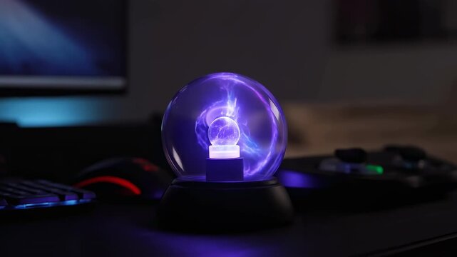 Glowing plasma globe flickers with purple electric filaments inside clear sphere on dark desk, casting violet light beside blurred computer peripherals in dim room