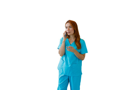 Female nurse talking on phone communicating healthcare