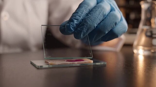 Scientist in blue gloves dripping purple reagent onto specimen on glass slide and covering with coverslip. Laboratory microscopy sample preparation.