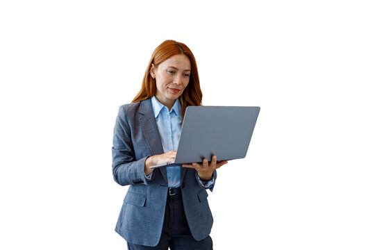 Businesswoman standing working using laptop on transparent background