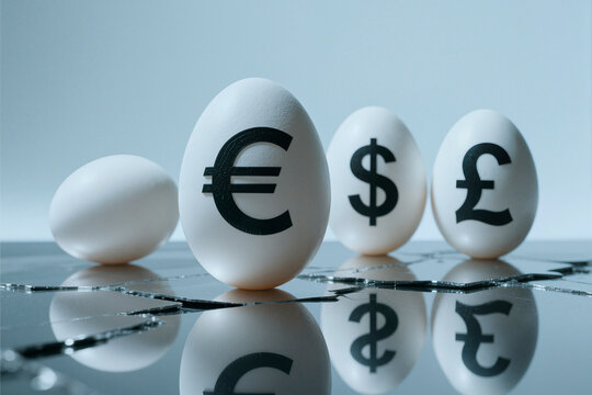 Close up of eggs marked with euro dollar and pound symbols standing on cracked reflective surface, representing fragile economy and currency risk. For finance crisis marketing