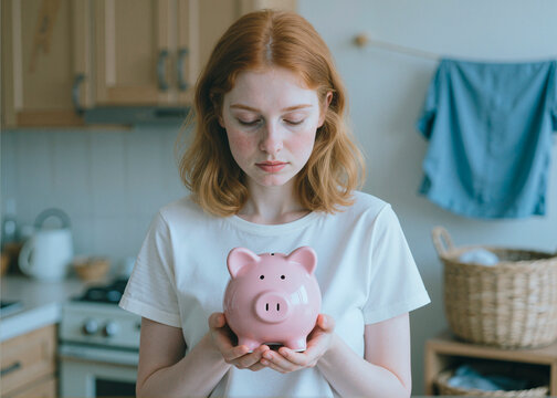 Caucasian teenager woman holding piggy bank and looking down, representing budgeting, saving money, financial planning. Useful for personal finance, banking, thrift campaigns