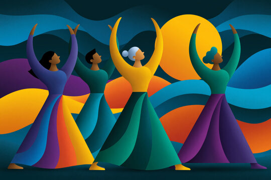 Illustration style, diverse adults performing flowing yoga poses with geometric body shapes and fluid organic curves, vibrant contemporary color palette, clean minimalist composition, premium