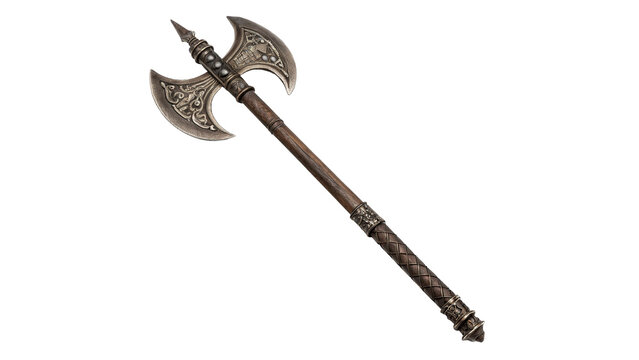 Medieval ancient double headed metal executioner battle axe isolated on transparent background.