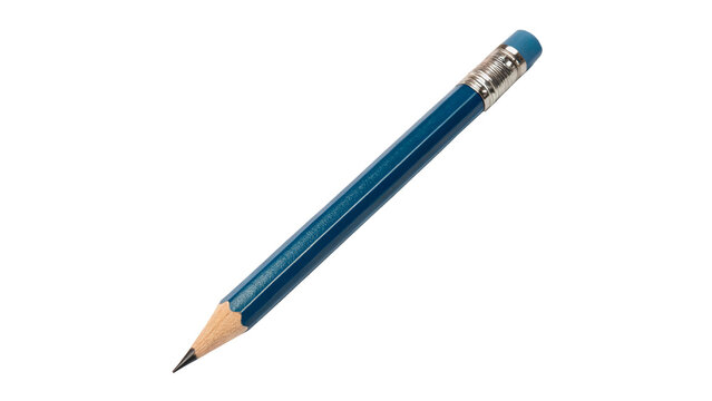Single classic hexagonal blue graphite writing pencil isolated on transparent background.