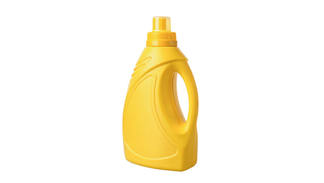 Yellow plastic laundry detergent bottle chemical container isolated on transparent background.