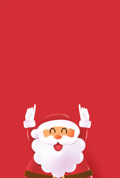 Merry Christmas banner with cute funny Santa Claus characters in cartoon style pointing to empty space red background