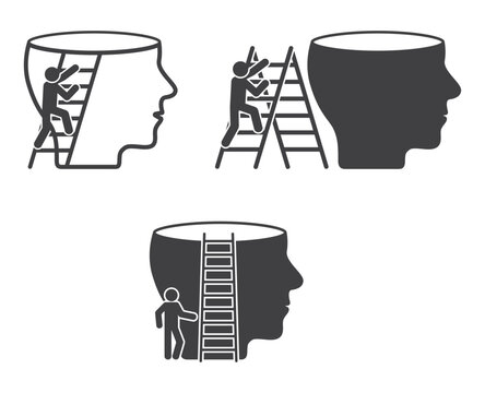 person with stairs up to human head icon