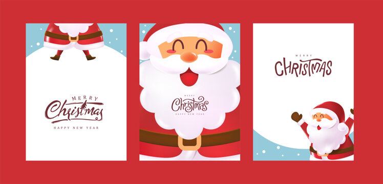 Set of Christmas greeting card poster banner with cute funny Santa Claus characters different poses and Christmas calligraphy.