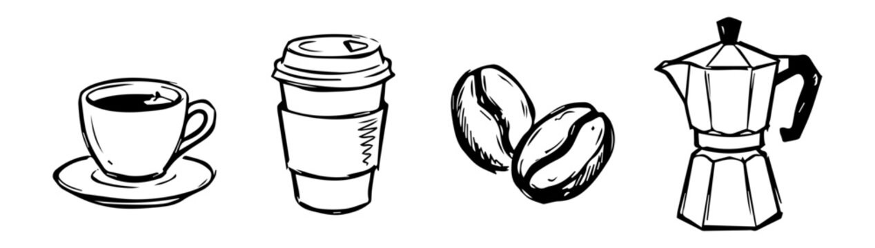 Hand drawn coffee doodle icon set in sketch style with espresso cup, takeaway cup, coffee bean and moka pot symbols for cafe and beverage design