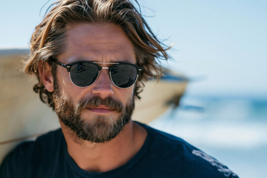 Surfer wearing UV protective shades while carrying a surfboard along the shoreline, bright ocean sunlight, premium beach lifestyle aesthetic,, offering a unique and highly detailed perspective