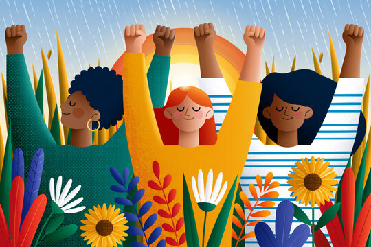 An excellent and comprehensive visual representation of illustration style, modern flat vector, inclusive friends celebrating outdoors beneath a glowing double rainbow after rainfall