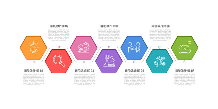Seven Stage Hexagonal Roadmap Infographic Layout for Project Planning and Development. Presentation, Plan, Timeline. Vector illustration.
