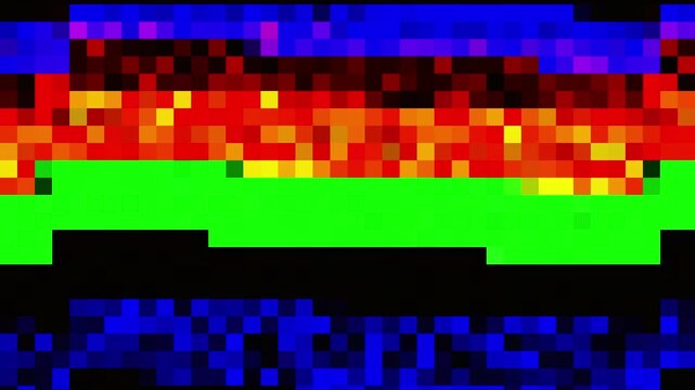 Colorful 8-bit pixel code block digital error transition for futuristic gaming video overlay