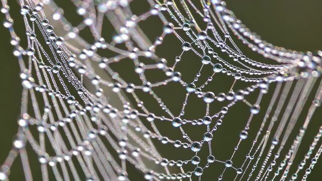 Morning dew sparkles on spider web strands as delicate web glistens in soft light, tiny droplets forming fragile pattern against blurred green background. Macro nature detail feels serene.