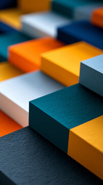 Spectacular and vivid representation of abstract staircase of connected geometric blocks symbolizing collective achievement and growth, modern social impact design