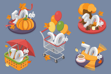 Fototapeta premium Autumn sale, discount or bonus concept. 10, 20, 30, 50, 70 percent with basket, shopping cart, podium. 3d flat isometric vector illustration for retail promotions and advertising campaigns.