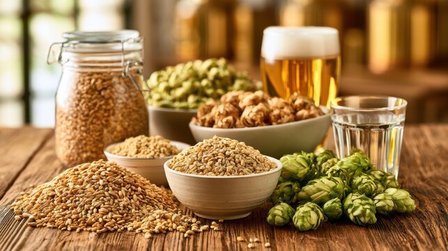 Flat lay of brewing ingredients including grains, hops, and yeast arranged for beer making, showcasing essential elements in the brewing process.